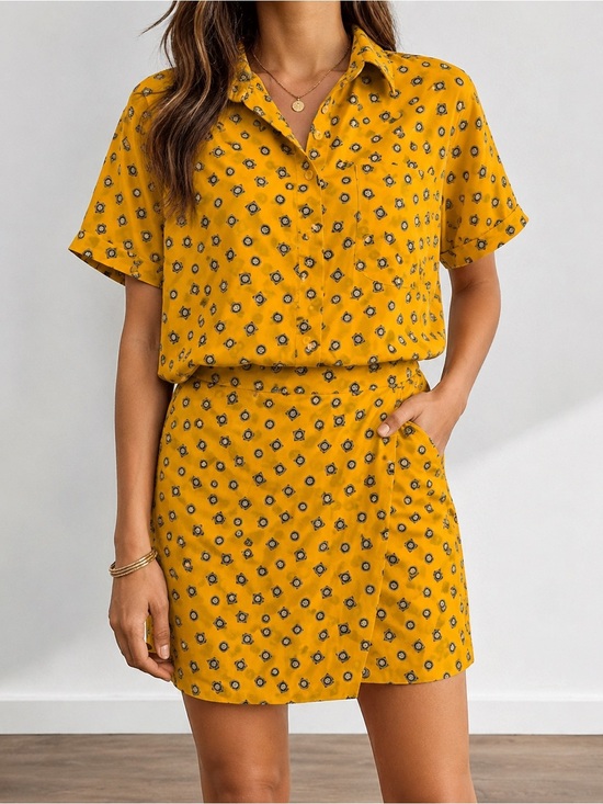 Vintage Tops - Vintage Jones New York 100% Silk 2-Piece Skirt Set Yellow Print Size